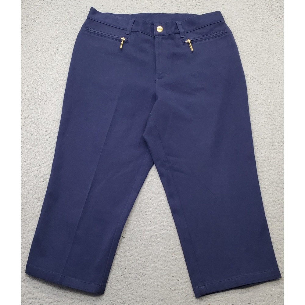 Ralph Lauren Cropped Pants Women Petite 10 Blue Slim Fit Stretch Gold Zip Pocket